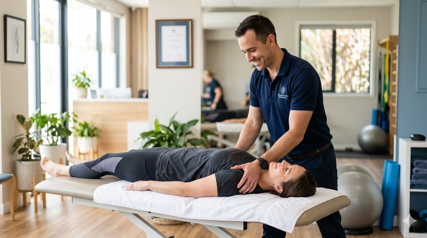 Fisioterapeuta a tratar um paciente numa clínica